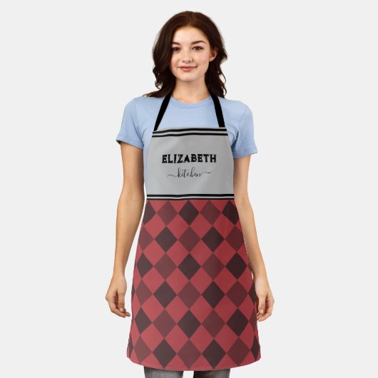 Gepersonaliseerde grijze en rode buffel geruite ke schort (Gedragen)
