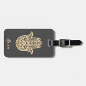 Gepersonaliseerde grijze geluk geschenk hamsa hand bagagelabel (Voorkant horizontaal)