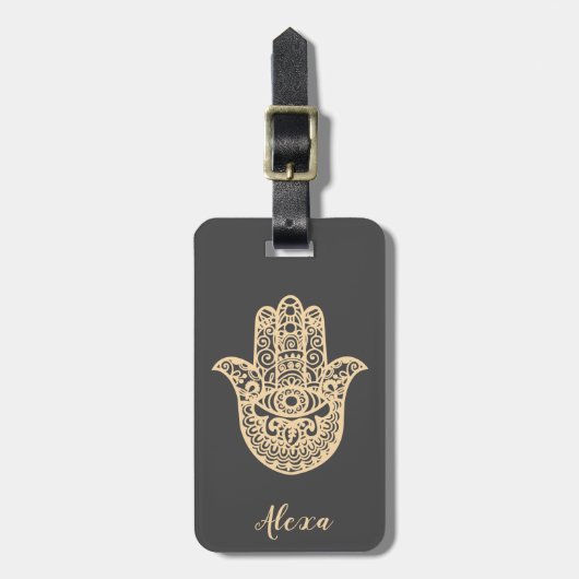 Gepersonaliseerde grijze geluk geschenk hamsa hand bagagelabel (Voorkant verticaal)