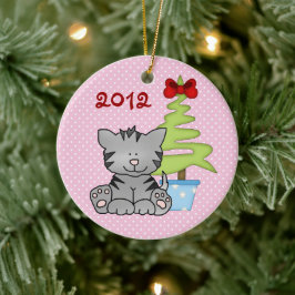 Gepersonaliseerde grijze kat op de eerste kerstdag keramisch ornament