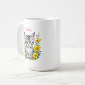 Gepersonaliseerde grijze kitten en bloemen Waterve Koffiemok (Voorkant links)
