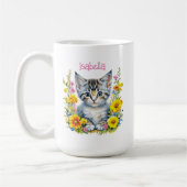 Gepersonaliseerde grijze kitten en bloemen Waterve Koffiemok (Links)