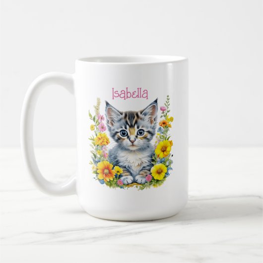 Gepersonaliseerde grijze kitten en bloemen Waterve Koffiemok (Links)