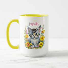 Gepersonaliseerde grijze kitten en bloemen Waterve Mok