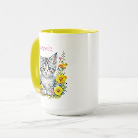 Gepersonaliseerde grijze kitten en bloemen Waterve Mok (Voorkant links)