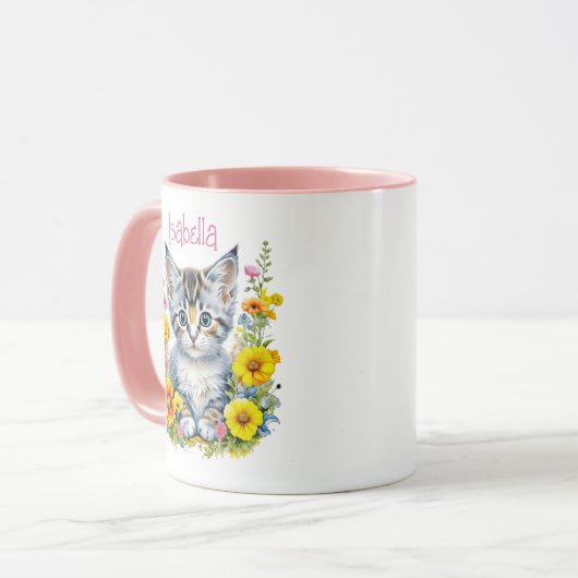 Gepersonaliseerde grijze kitten en bloemen Waterve Mok (Voorkant links)