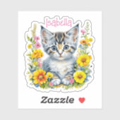 Gepersonaliseerde grijze kitten en bloemen Waterve Sticker (Vel)