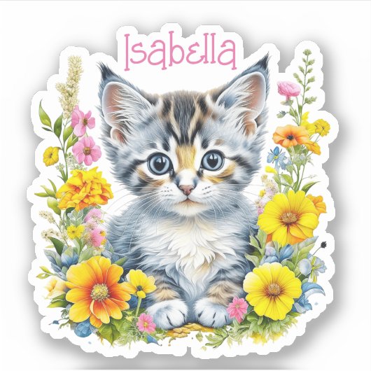 Gepersonaliseerde grijze kitten en bloemen Waterve Sticker (Voorkant)