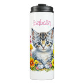 Gepersonaliseerde grijze kitten en bloemen Waterve Thermosbeker (Voorkant)