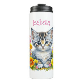 Gepersonaliseerde grijze kitten en bloemen Waterve Thermosbeker