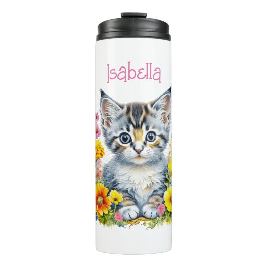 Gepersonaliseerde grijze kitten en bloemen Waterve Thermosbeker (Voorkant)