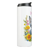 Gepersonaliseerde grijze kitten en bloemen Waterve Thermosbeker (Gedraaid links)