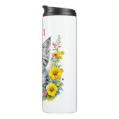 Gepersonaliseerde grijze kitten en bloemen Waterve Thermosbeker (Geroteerd rechts)
