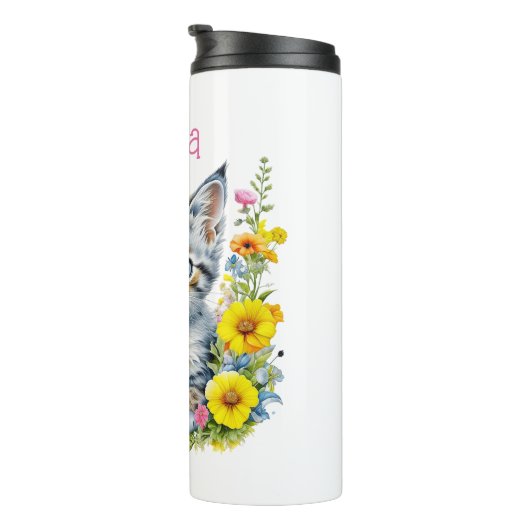 Gepersonaliseerde grijze kitten en bloemen Waterve Thermosbeker (Geroteerd rechts)