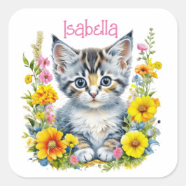 Gepersonaliseerde grijze kitten en bloemen Waterve Vierkante Sticker