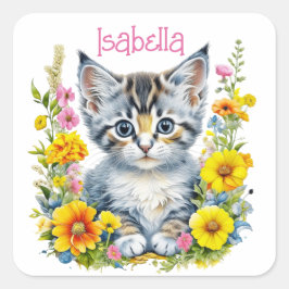 Gepersonaliseerde grijze kitten en bloemen Waterve Vierkante Sticker