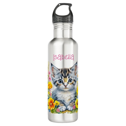 Gepersonaliseerde grijze kitten en bloemen Waterve Waterfles (Voorkant)