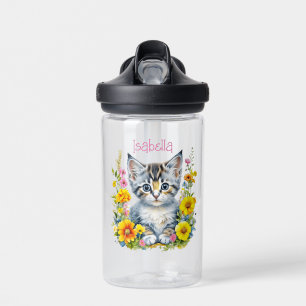 Gepersonaliseerde grijze kitten en bloemen Waterve Waterfles