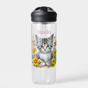 Gepersonaliseerde grijze kitten en bloemen Waterve Waterfles
