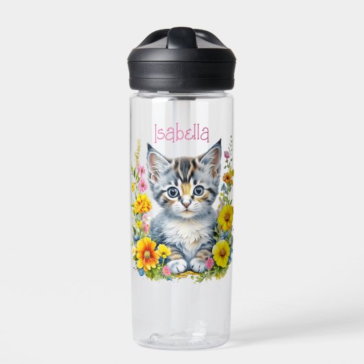 Gepersonaliseerde grijze kitten en bloemen Waterve Waterfles (Voorkant)