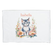 Gepersonaliseerde grijze kitten in roze bloemen kussensloop (Voorkant)