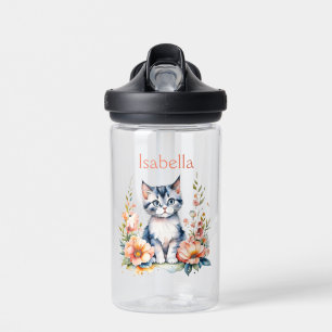 Gepersonaliseerde grijze kitten in roze bloemen waterfles