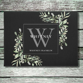 Gepersonaliseerde grijze monogram Greenery Floral  Deurmat