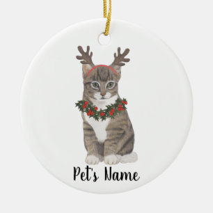 Gepersonaliseerde Grijze Tabby Cat Holly Krans & g Keramisch Ornament