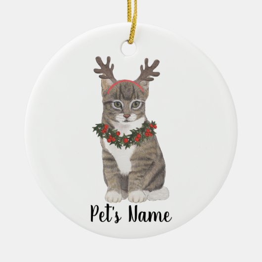 Gepersonaliseerde Grijze Tabby Cat Holly Krans & g Keramisch Ornament (Voorkant)