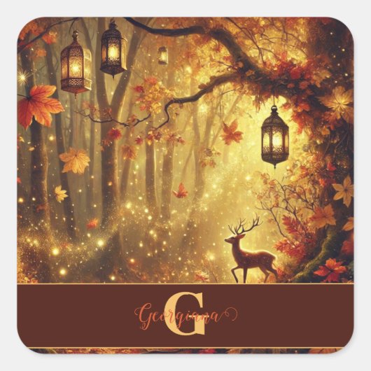 Gepersonaliseerde grillige gouden herfstbos vierkante sticker (Voorkant)
