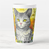 Gepersonaliseerde grillige kat en bloemen latte mok (Voorkant)