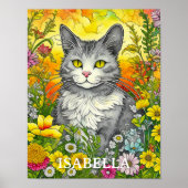 Gepersonaliseerde grillige kat en bloemen poster (Voorkant)