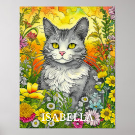Gepersonaliseerde grillige kat en bloemen poster