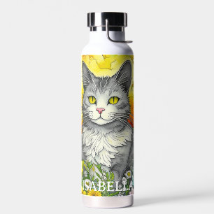 Gepersonaliseerde grillige kat en bloemen waterfles