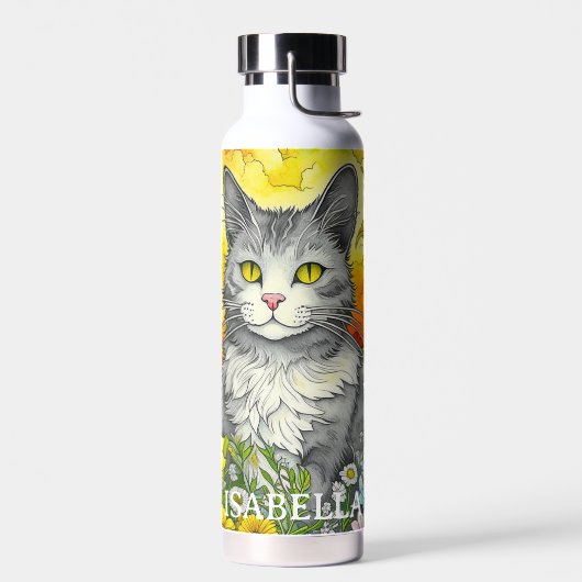 Gepersonaliseerde grillige kat en bloemen waterfles (Links)
