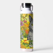 Gepersonaliseerde grillige kat en bloemen waterfles (Voorkant)
