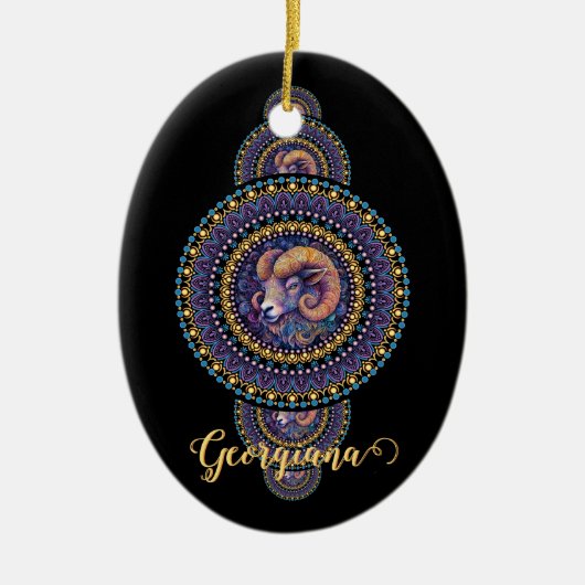 Gepersonaliseerde grillige Ram Siermandala Keramisch Ornament (Voorkant)