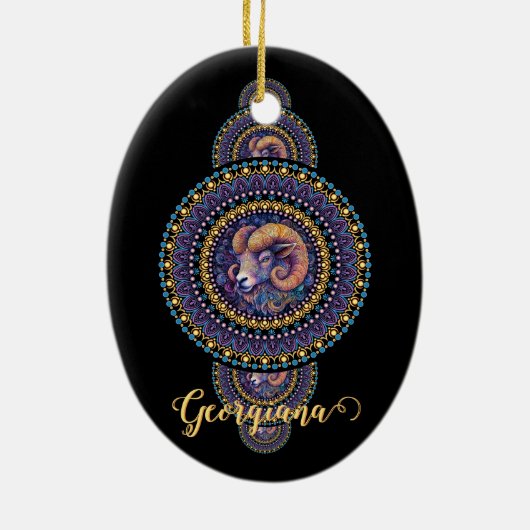 Gepersonaliseerde grillige Ram Siermandala Keramisch Ornament (Achterkant)