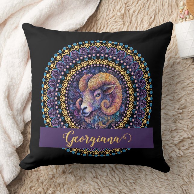 Gepersonaliseerde grillige Ram Zodiac Dot Mandala Kussen (Deken)
