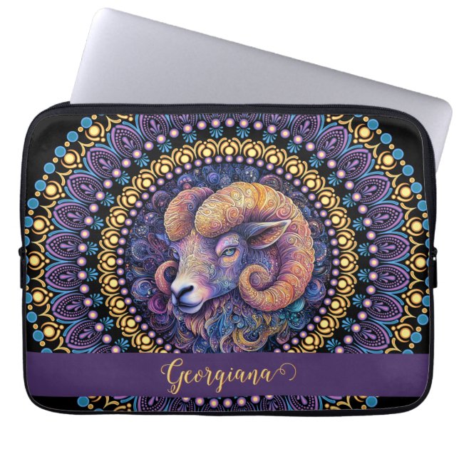 Gepersonaliseerde grillige Ram Zodiac Dot Mandala Laptop Sleeve (Voorkant)