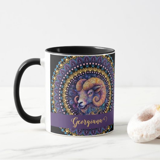 Gepersonaliseerde grillige Ram Zodiac Dot Mandala Mok (Met donut)