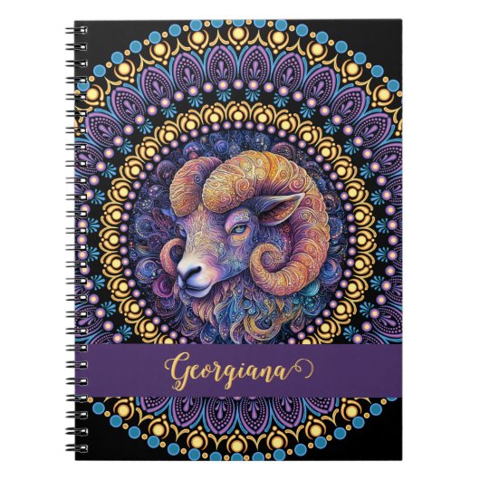 Gepersonaliseerde grillige Ram Zodiac Dot Mandala Notitieboek (Voorkant)