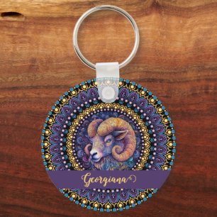 Gepersonaliseerde grillige Ram Zodiac Dot Mandala Sleutelhanger