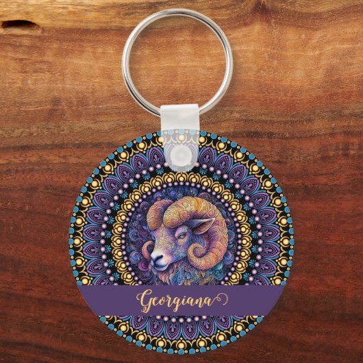 Gepersonaliseerde grillige Ram Zodiac Dot Mandala Sleutelhanger (Voorkant)