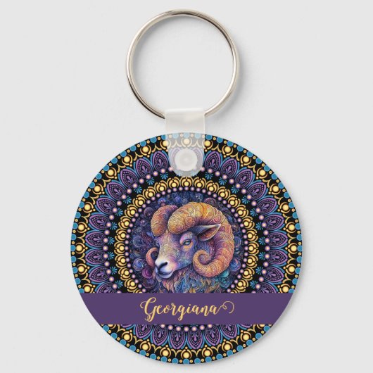 Gepersonaliseerde grillige Ram Zodiac Dot Mandala Sleutelhanger (Achterkant)