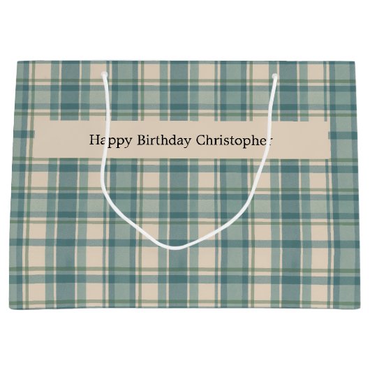 Gepersonaliseerde Groen Blauw Beige Plaid Mannen v Groot Cadeauzakje (Voorkant)