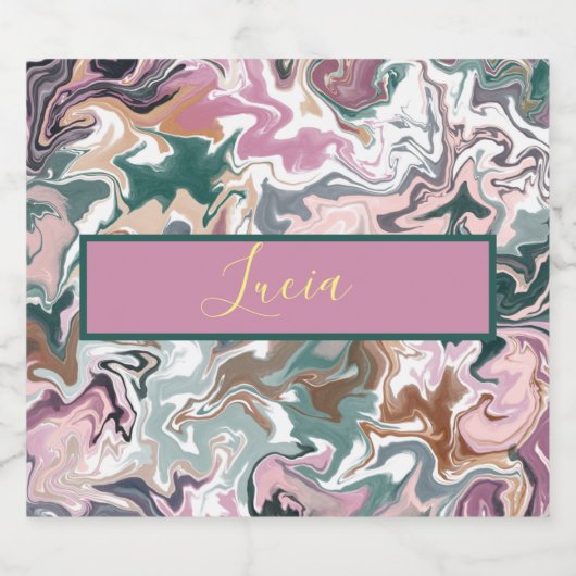 Gepersonaliseerde Groen en Roze Marmer Abstracte C Sparkling Wijnetiket (Enkel label)