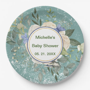 Gepersonaliseerde Groen Grijs Witte Bloemen Papieren Bordje