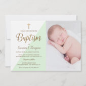 Gepersonaliseerde Groen Wit Goud Doop baby foto Kaart (Voorkant)