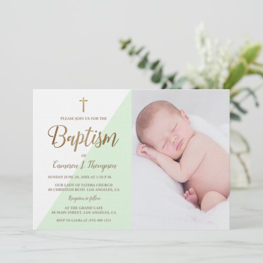 Gepersonaliseerde Groen Wit Goud Doop baby foto Kaart (Staand voorkant)